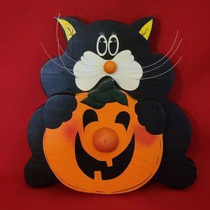 Halloween Wooden Decor Black Cat Holding Jack O' Lantern Pumpkin 7"